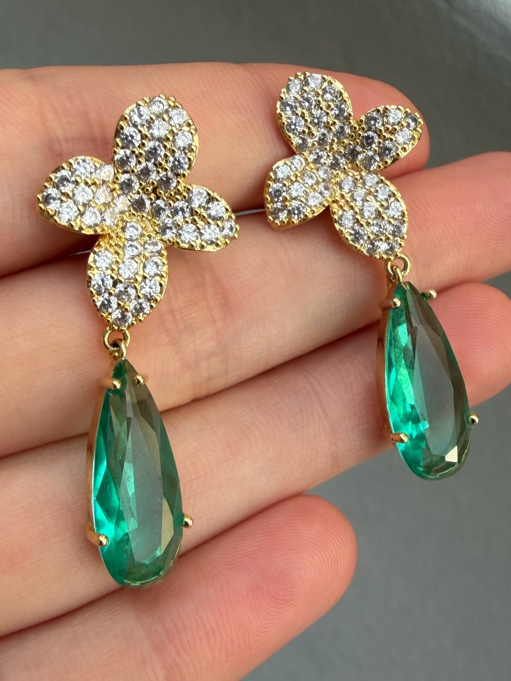 Gold Floral Crystal Drop Earrings with Emerald Teardrops
